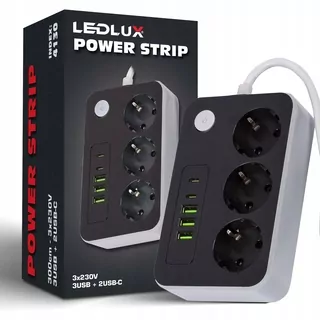 Predlžovací kábel 3 metre 3 zásuvky 5x USB nabíjačka USB-C